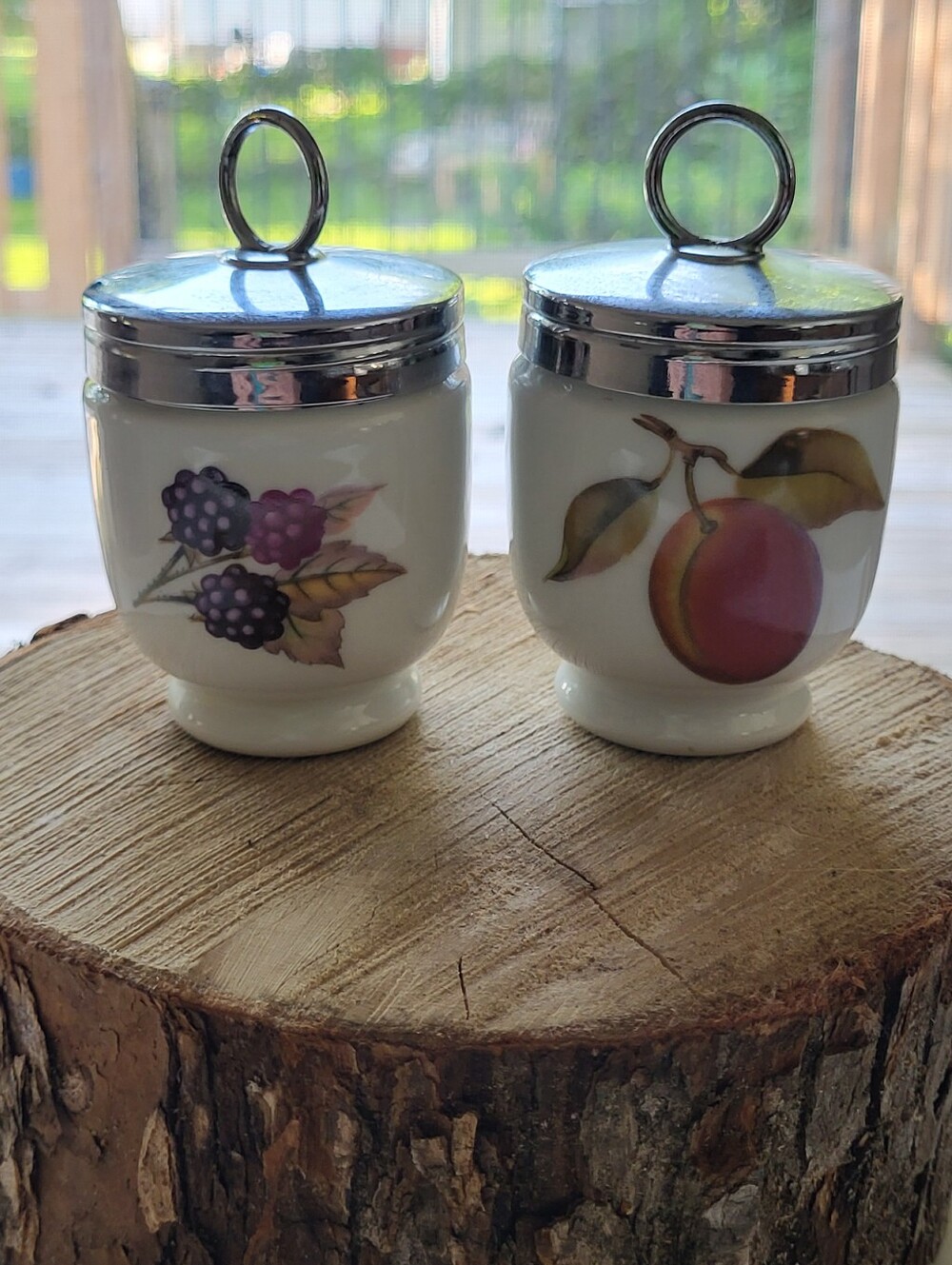 Vintage Pair Of Royal Worcester Porcelain Egg Coddlers Evesham Pattern